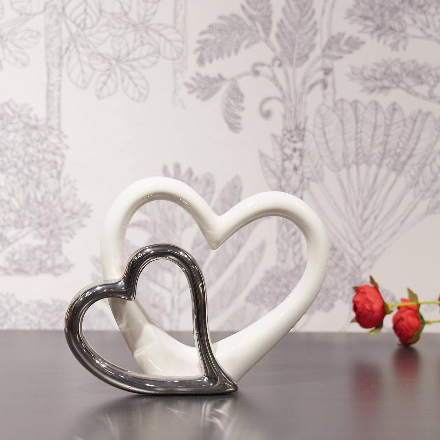 LCdecohome Valentine Decorations - Double Heart Sculpture Table Ornaments Anniversary Couple Gift for Her Home Decor Ceramic Heart Sculptures Figurine 7.5 * 1.75 * 6 inch