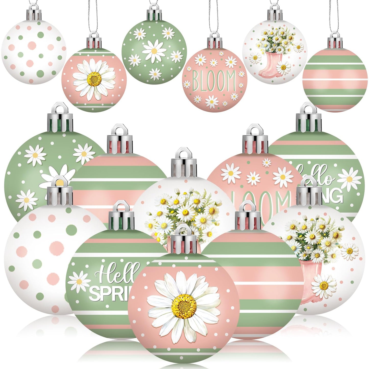 Silipull 24 Pcs Spring Ornament Bulk Daisy Flower Tree Decorations Pink Green Striped Polka Dot Balls Easter Spring Decorations for Home Small Tree Party Holiday Decor