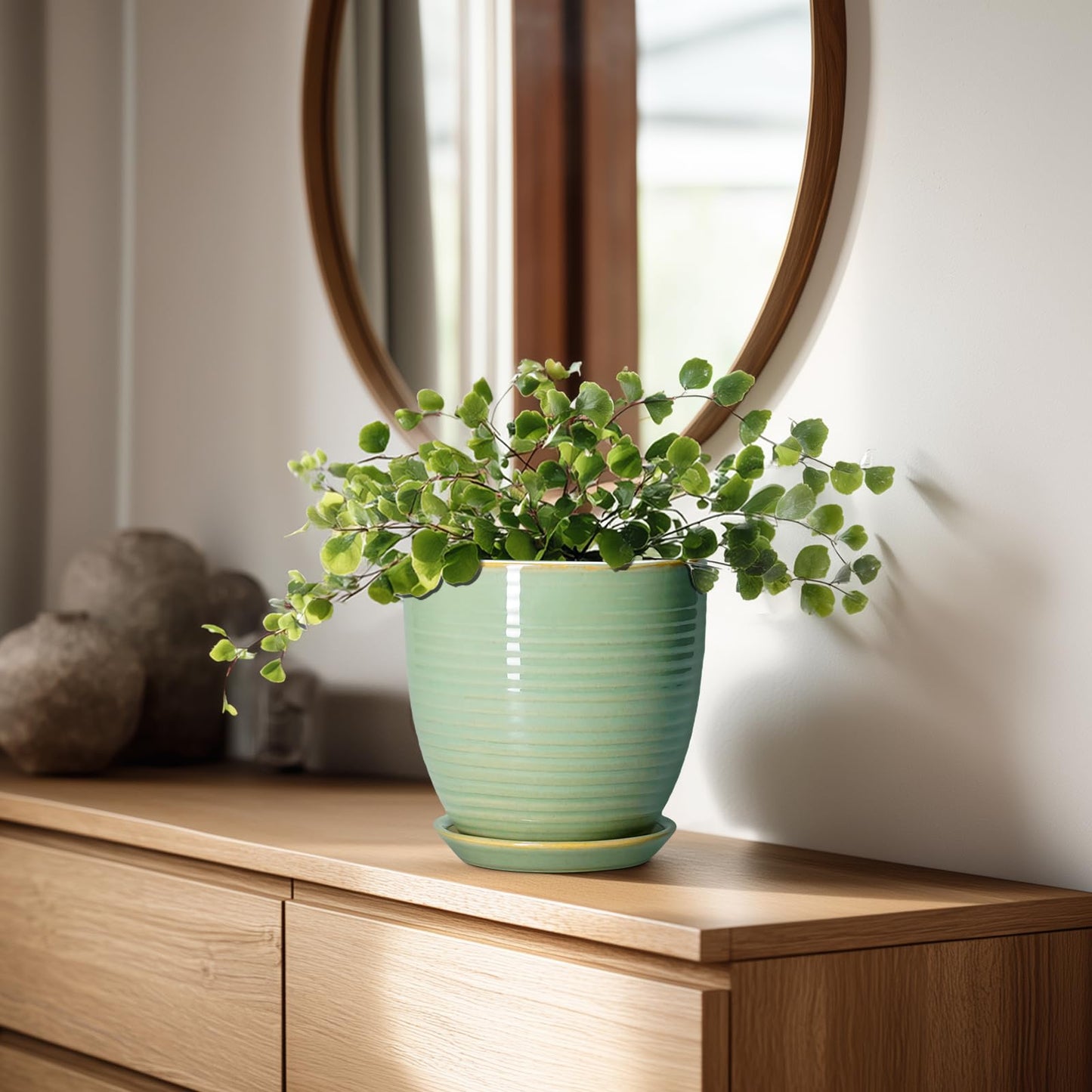 EPFamily Ceramic Plant Pots - 6 Inch Ceramic Planter with Drainage Hole and Saucer, Modern Planters for Indoor Outdoor Plants, Round Flower Pots, Office House Decor, Gifts for Women Men, Bright Green