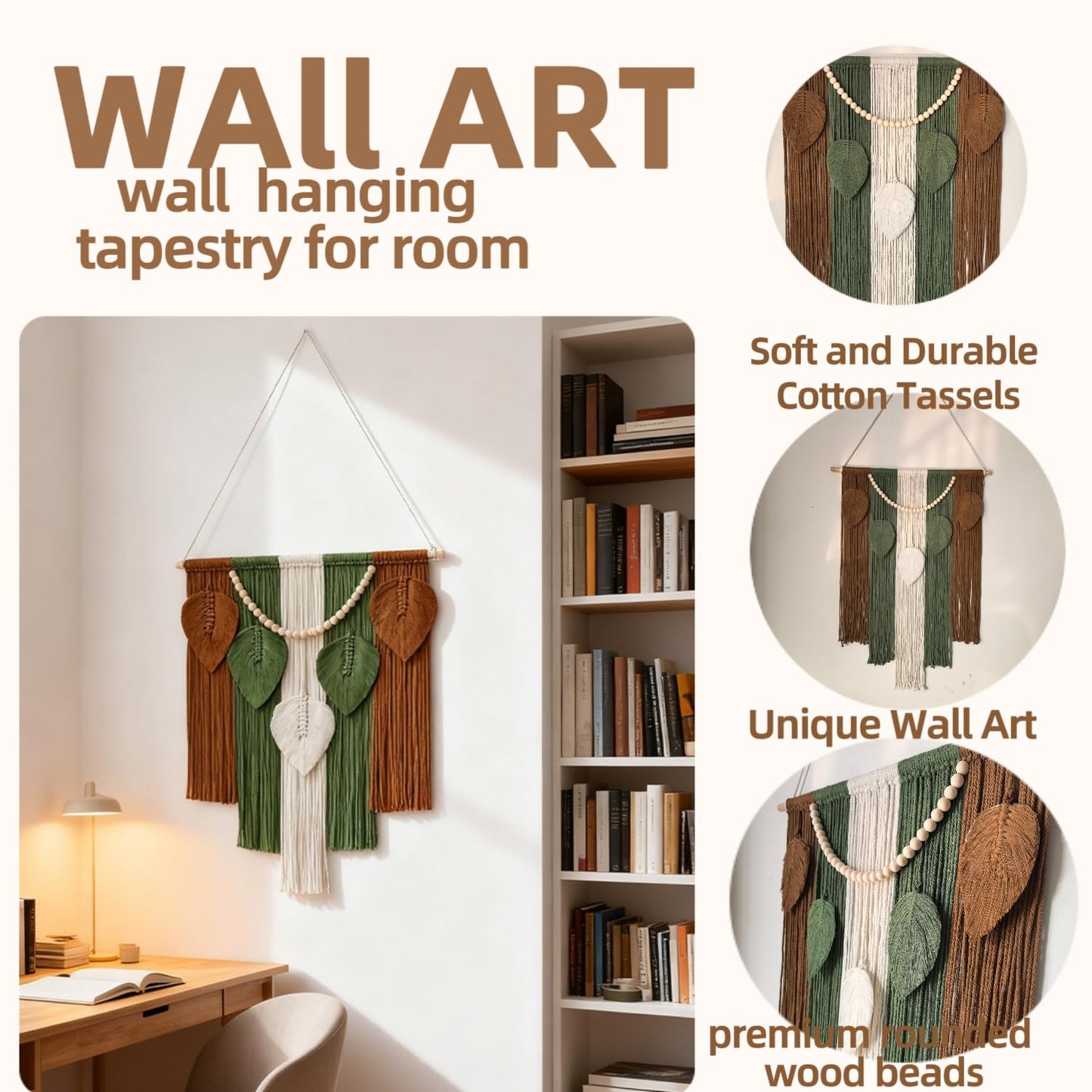 Jditngp Macrame Wall Hanging Boho Leaf Woven Tapestry,Bohemian Chic Home Decor Handmade Leaves Feather Tassel Wooden Bead Pendants Wall Art Decorations for Bedroom Living Room Apartment 23.6"WX43.3"L