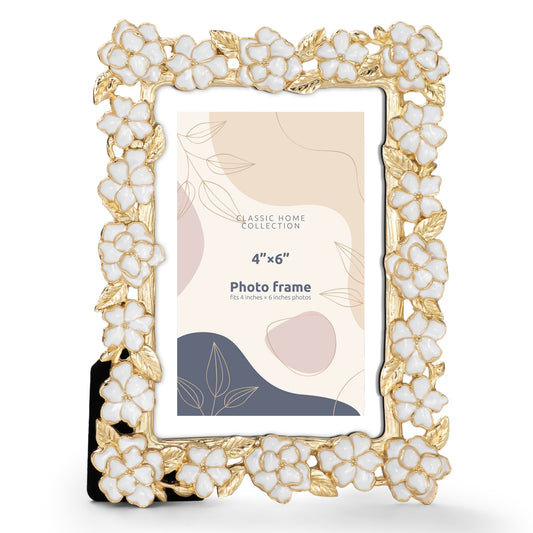 Unicadecor Casa Luxury Floral Metal Photo Frame – Gold Frame with Raised Colorful Flower Details, Tabletop Display, Horizontal & Vertical Orientation (White flowers)