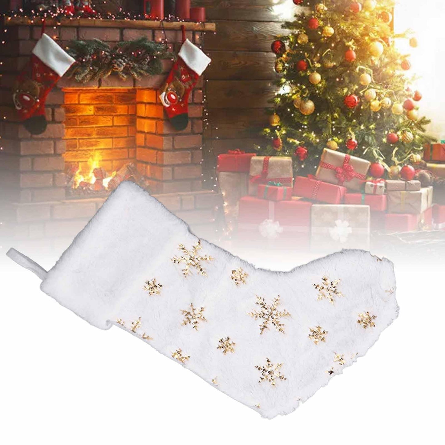 Pongnas Christmas Stocking with Gold Sequins & Snowflake Embroidery Oversized Holiday Ornament for Fireplace,Family Xmas Decor