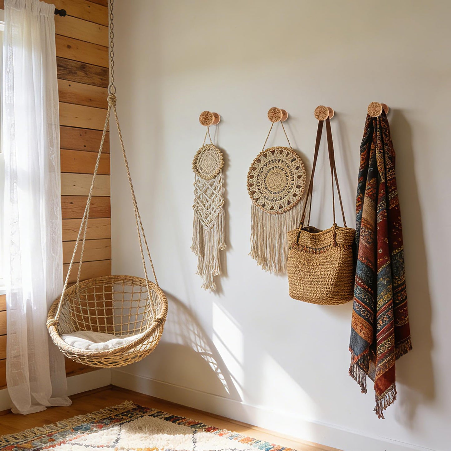 Boho Curtain Holdbacks - Set of 2 Rattan Tiebacks for Wall-Mounted | Hand-Woven Natural Wood Drapery for Sheer & Blackout Curtains | Ideal for Home & Office Decor