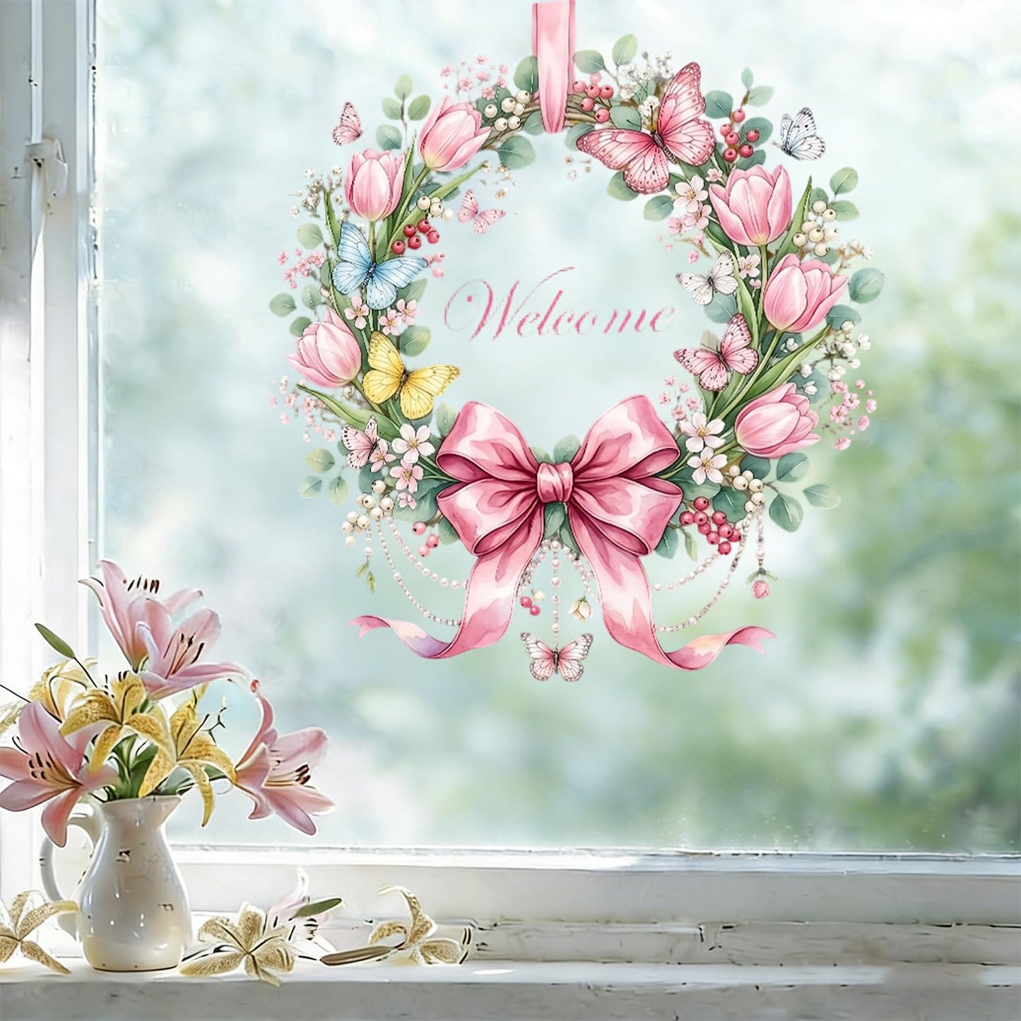 Summer Bow Welcome Window Clings Pink Tulip Flower Window Stickers with Butterfly Daisy Design Static Window Decals Easy to Clean Spring Glass Decals for Home Spring Theme Party Decor 1 Pcs