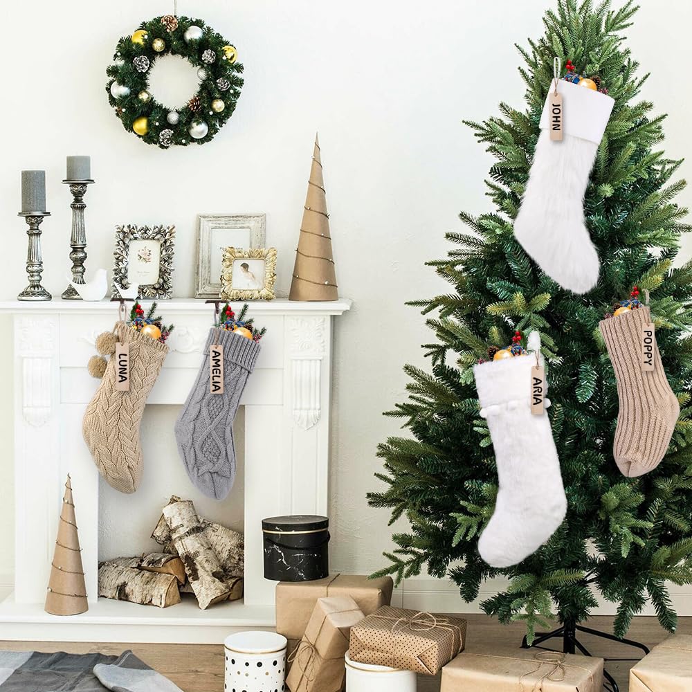 Teeanzo 5 Packs Brown Christmas Knitted Hanging Stockings,Xmas Large Farmhouse Rustic Neutral Cable Knit Personal Stockings Decorations for Christmas Tree Fireplace Family Holiday Party Decor