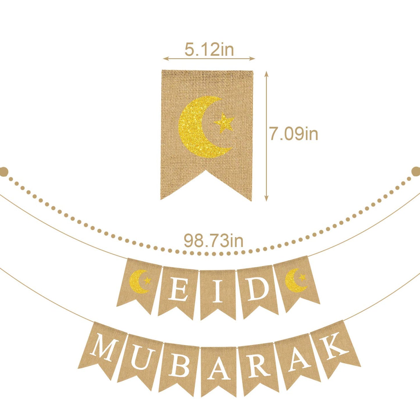 Jute Burlap Eid Mubarak Banner with Moon and Star Ramadan Home Mantel Fireplace Decoration