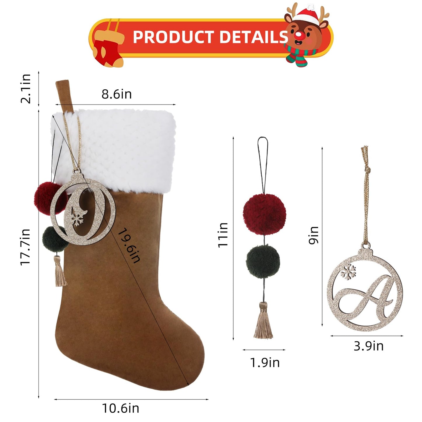 Pxniy Personalized Gold Wooden Initial Christmas Stocking, 19.5 inches Velvet Christmas Stocking with pom poms,Christmas Decorations for Xmas Fireplace Holiday Party(Gold A)