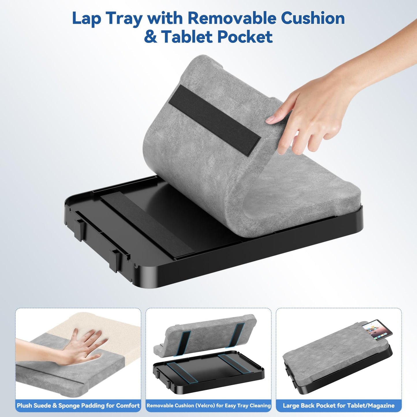 Lap Tray with Cushion Plastic Lap Desk with Cushion 15.5”Large Breakfast in Bed Tray with Removable Cushion & Cup/Phone Holder, Lap Table with Laptop Pocket for Couch TV Adults Eating Gaming Black