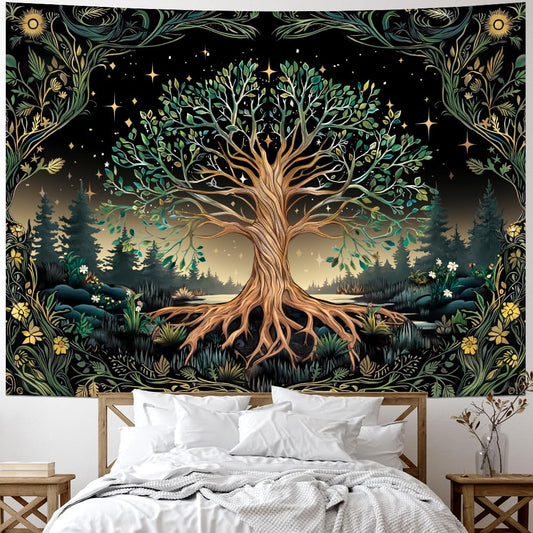Leofanger Tree of Life Tapestry Psychedelic Mystic Floral Tapestry Vintage Plant Flower Wall Tapestries Aesthetic Tree Tapestries Wall Hanging for Home Decor(51.2"x59.1")