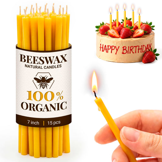 Natural Candles 7” 15 pcs Best Candle Pure Deep Yellow Bee Wax with Great Honey Scent and Cotton Wicks - Eco Friendly 100% Candles for Decoration Home Birthday Cake 110440
