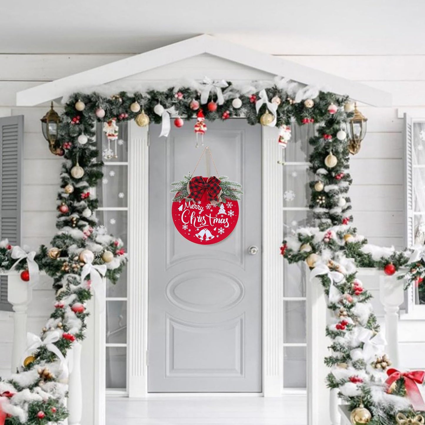 HOMCDALY Merry Christmas Welcome Sign for Front Door, Red X-mas Sign with Light, Holiday Door Decoration Wooden Hanging Sign, Christmas Decoration, Wall Art, Wall Decor(Red)