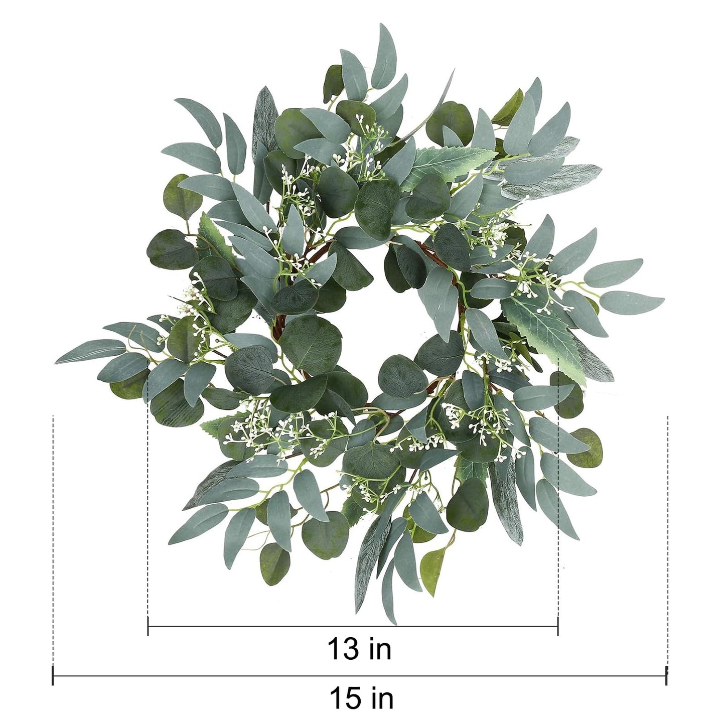 Artificial Green Eucalyptus Wreath,15 inches Greenery Wreath with Clusters of White Flowers Mini Spring/Summer Wreath for Front Door Wall Window Decor