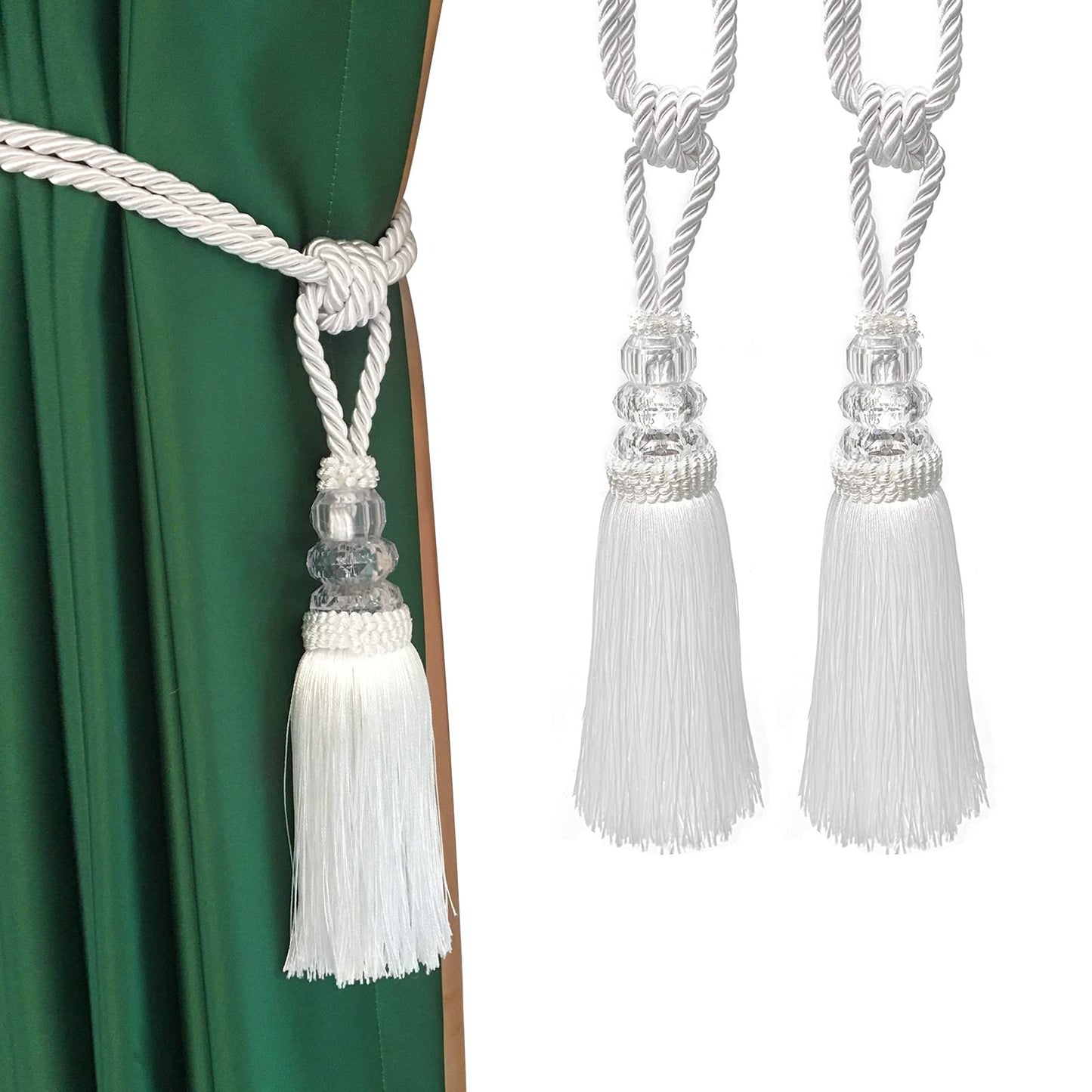 Fenghuangwu Tassel Curtain Tiebacks Handmade Curtain Tie Backs, Elegant Crystal Curtain Holdbacks for Home Office Decor (White, 2P)