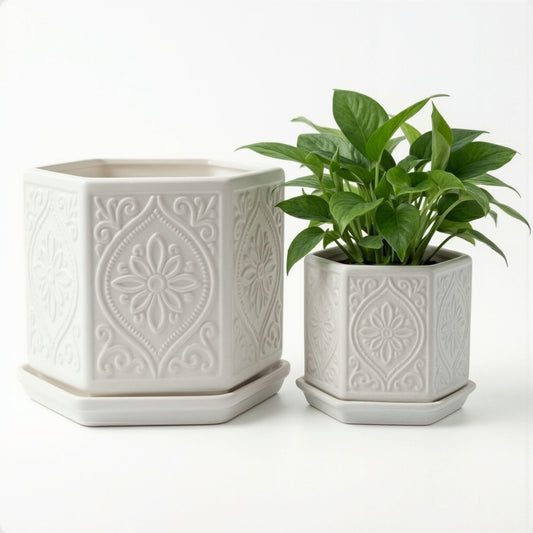 Ceramic Pots for Plants Set of 2 Sizes - 6 Inch and 4 Inch Wide Plant Pots Indoor with Drainage and Saucer - White Planters for Indoor Plants - Ceramic Planter Pot with Tray for Flowers & Houseplants