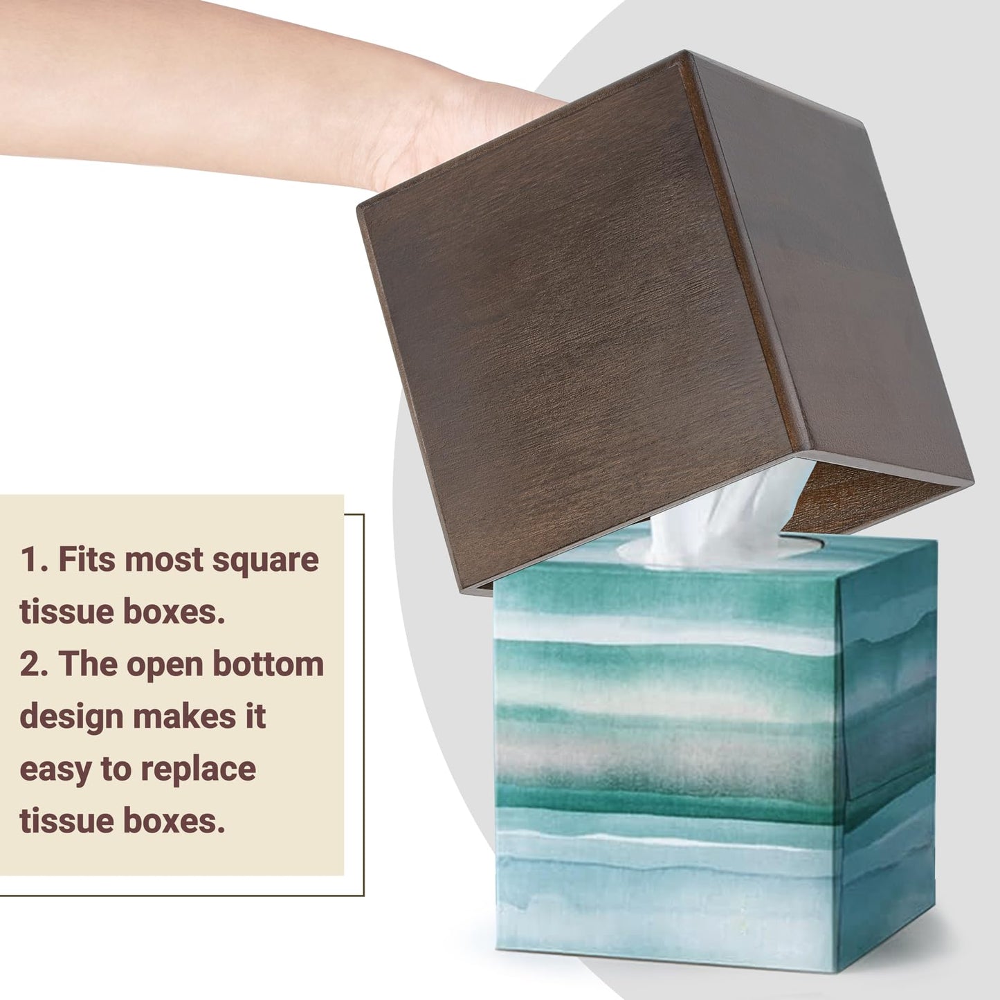Mkono Tissue Box Cover Square Open-Bottom Wood Tissue Box Holder Decorative Facial Cube Organizer Modern Farmhouse Decor for Bathroom Bedroom Dresser Living Room Office Dorm, Dark Brown