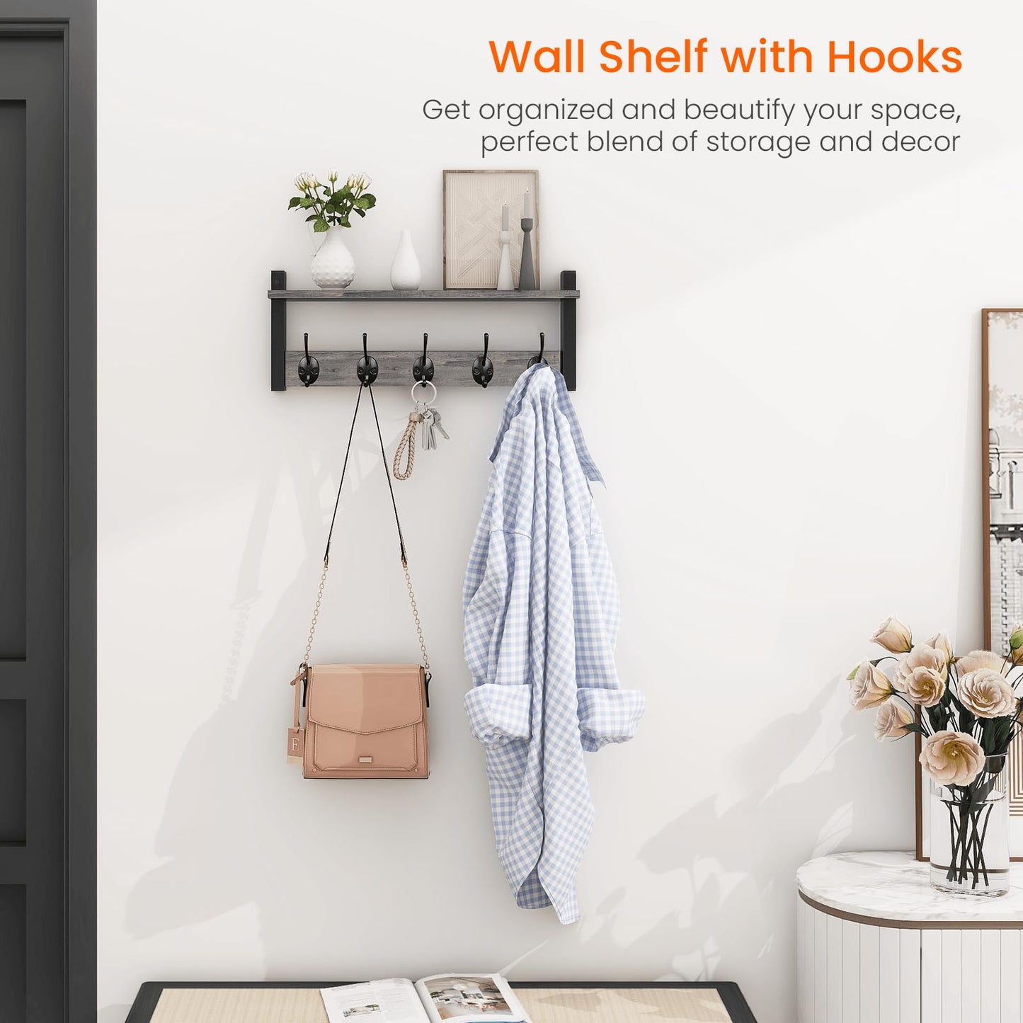 Homode Wall Hooks with Shelf, Coat Rack Wall Mount, Entryway Shelf with Hooks for Clothes, Backpack, Key, Purse - Rustic Grey