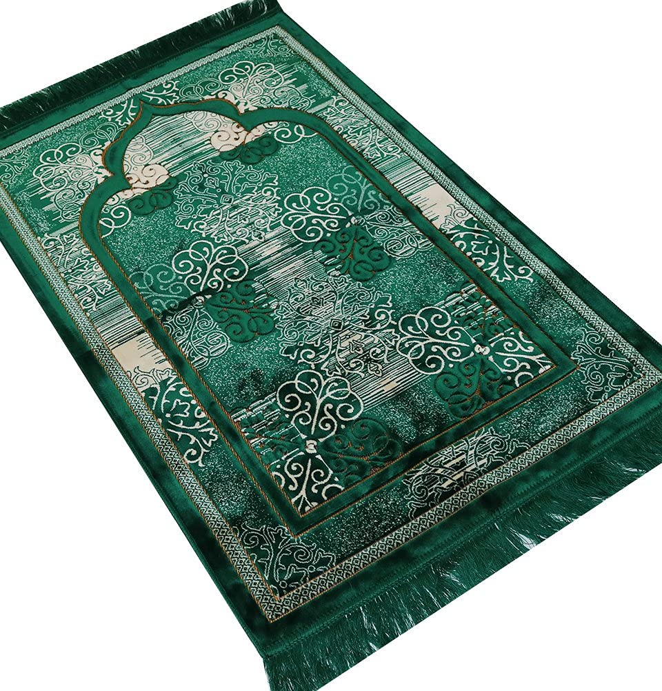Modefa Prayer Mat | Turkish Velvet Muslim Prayer Rug Muslim Prayer Mat Islam | Soft Beautiful Prayer Rug Janamaz Sajjadah with Car Hanger | Classic Elegant Swirl (Green)