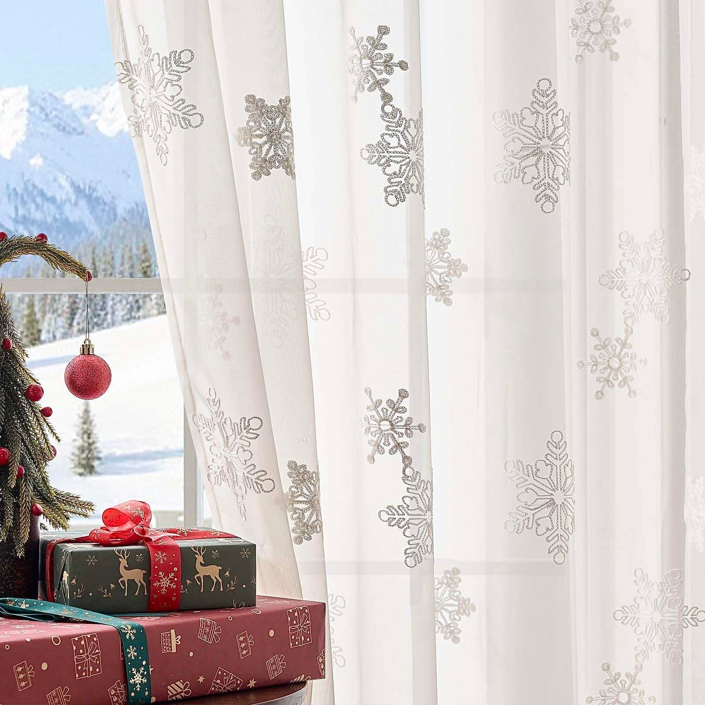 jinchan Embroidered Curtains Sheer Christmas Curtains Off White Snowflake Voile 84 Inch Length Rod Pocket Xmas Decor Winter Holiday Window Decorations Living Room Bedroom 2 Panels Set