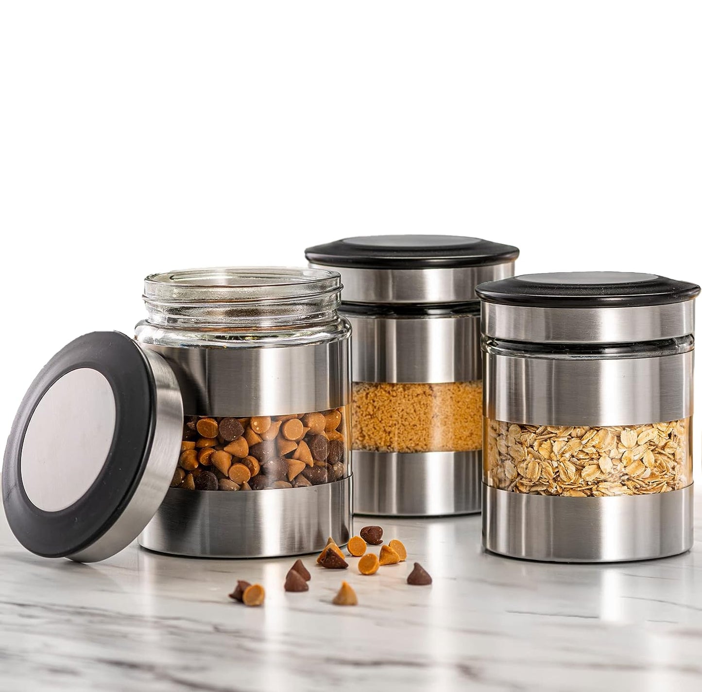 Le'raze Quality Stainless Steel Canister Set of 3 for Kitchen Counter with Glass Window & Airtight Lid - Food Storage Containers with Lids Airtight - Pantry Storage and Organization Set