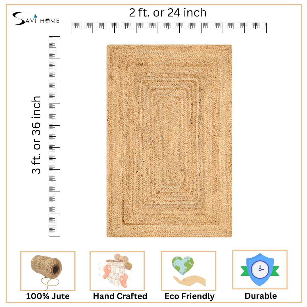Savi Home Hand Woven Jute Braided Rug, 2'x3' - Natural, Reversible Boho Entry Area Rugs for Kitchen, Living Room, Farmhouse Indoor Outdoor Decorative Floor Rug, 24x36 Inches