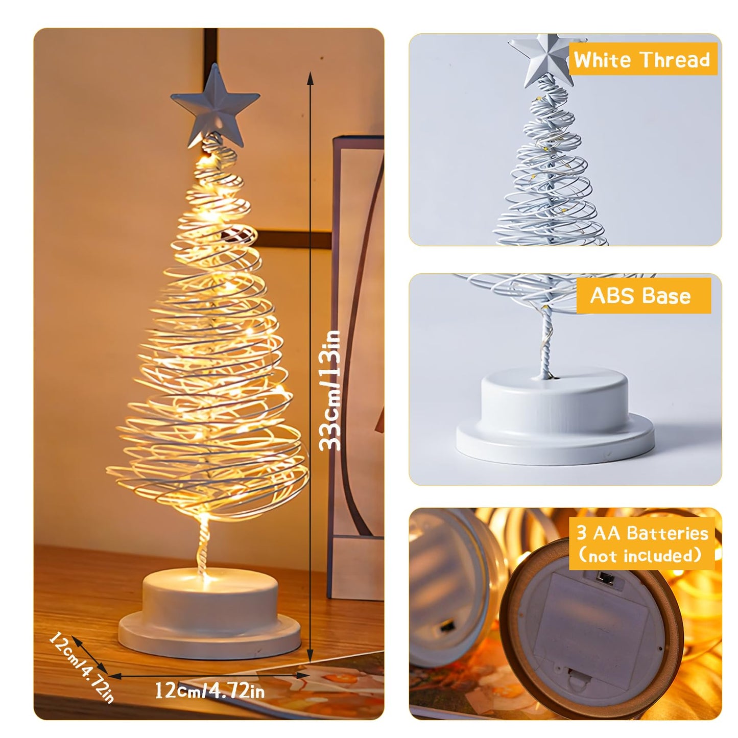 Christmas Tree Table Lamp, LED Christmas Spiral Night Light with Glittering Star, Battery Operated Table Decoration Light for Indoor Outdoor Restaurant Commercial Event Xmas Night (White)