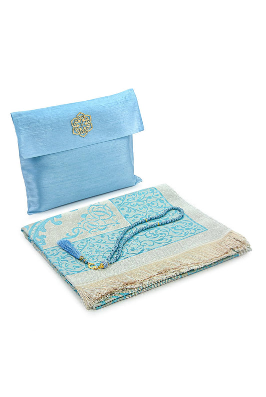ihvan online Muslim Prayer Rug with 99 Beads Tasbih & Travel Bag, Soft Taffeta Sajadah, Lightweight & Foldable Janamaz, Portable Prayer Mat, Islamic Gift for Eid, Ramadan, Hajj & Umrah, Blue
