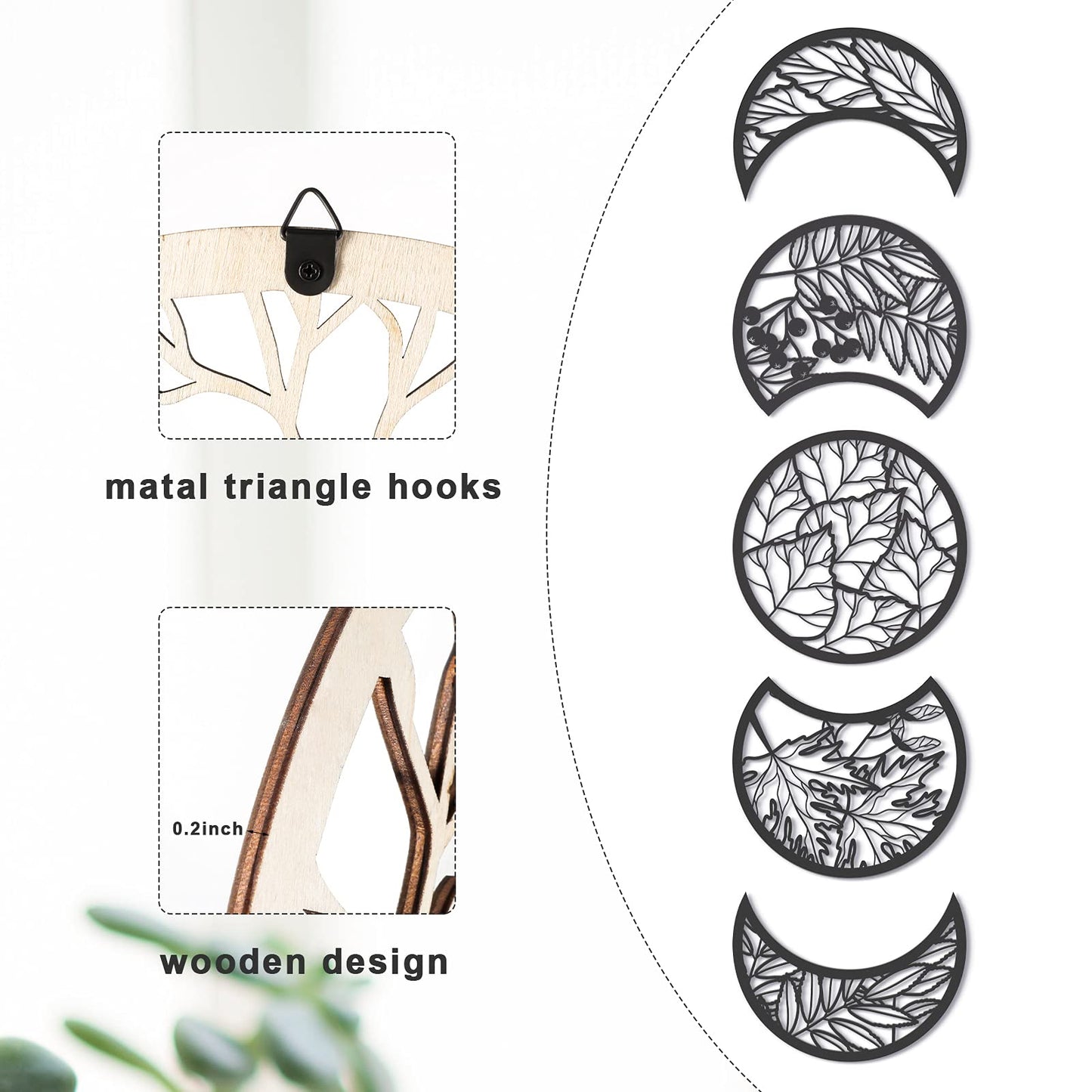 Jetec 5 Pcs Moon Phase Wall Art Decor Wall Pediments Hanging Wooden Phase Spiritual Bedroom Nordic Boho Lunar Aesthetic Art for Living Room Dorm Apartment Ornament(Black,10.6 Inch,Botanical)