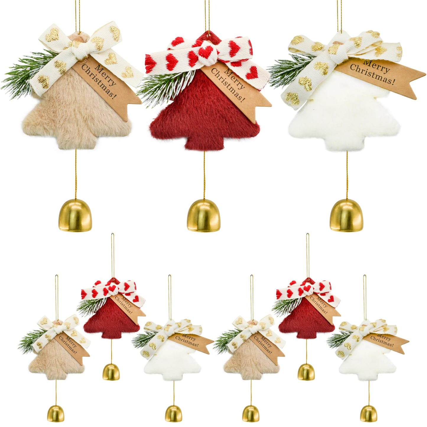 MrMrKura Gold Jingle Bells Christmas Tree Decorations Indoor Outdoor, Plush Pendant Hanging Christmas Ornaments Set of 9, Gifts for Home Decor Holiday Party (9)
