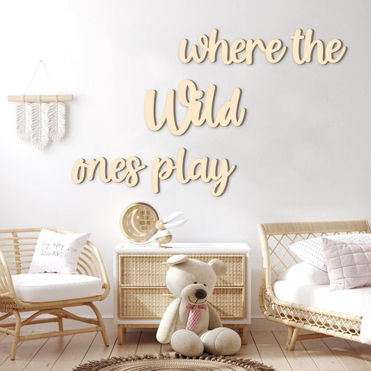Kigley 5 Pcs Playroom Wall Decor 15.4" x 18" 3D Where The Wild Ones Play Nursery Sign Wooden Wall Art Decoration for Kids Toddler Room Decor Boys and Girls Kindergarten Bedroom Word Sign(Wood Color)