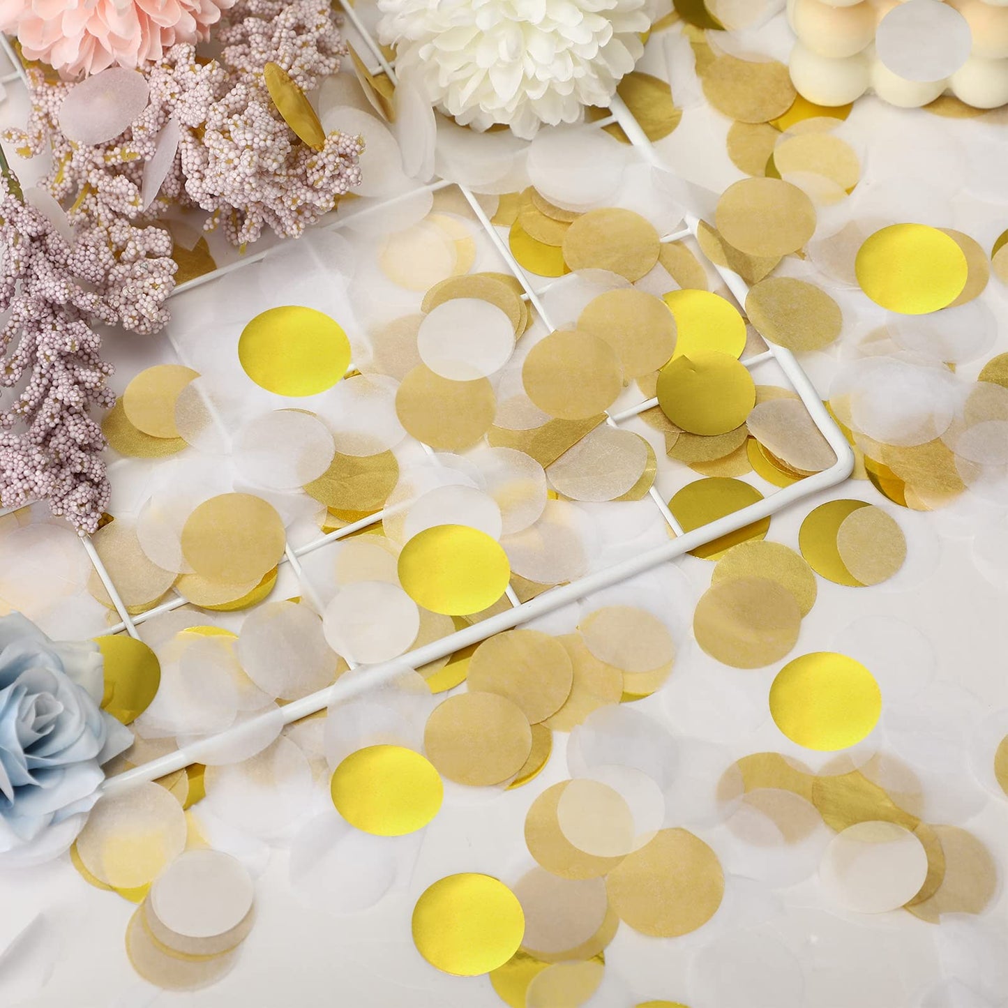 TecUnite White Gold Confetti Round Tissue Paper Table Confetti Dots for Wedding Birthday Party Decoration Arts Craft DIY Scrapbooking, 1.76 oz (2.5 cm)