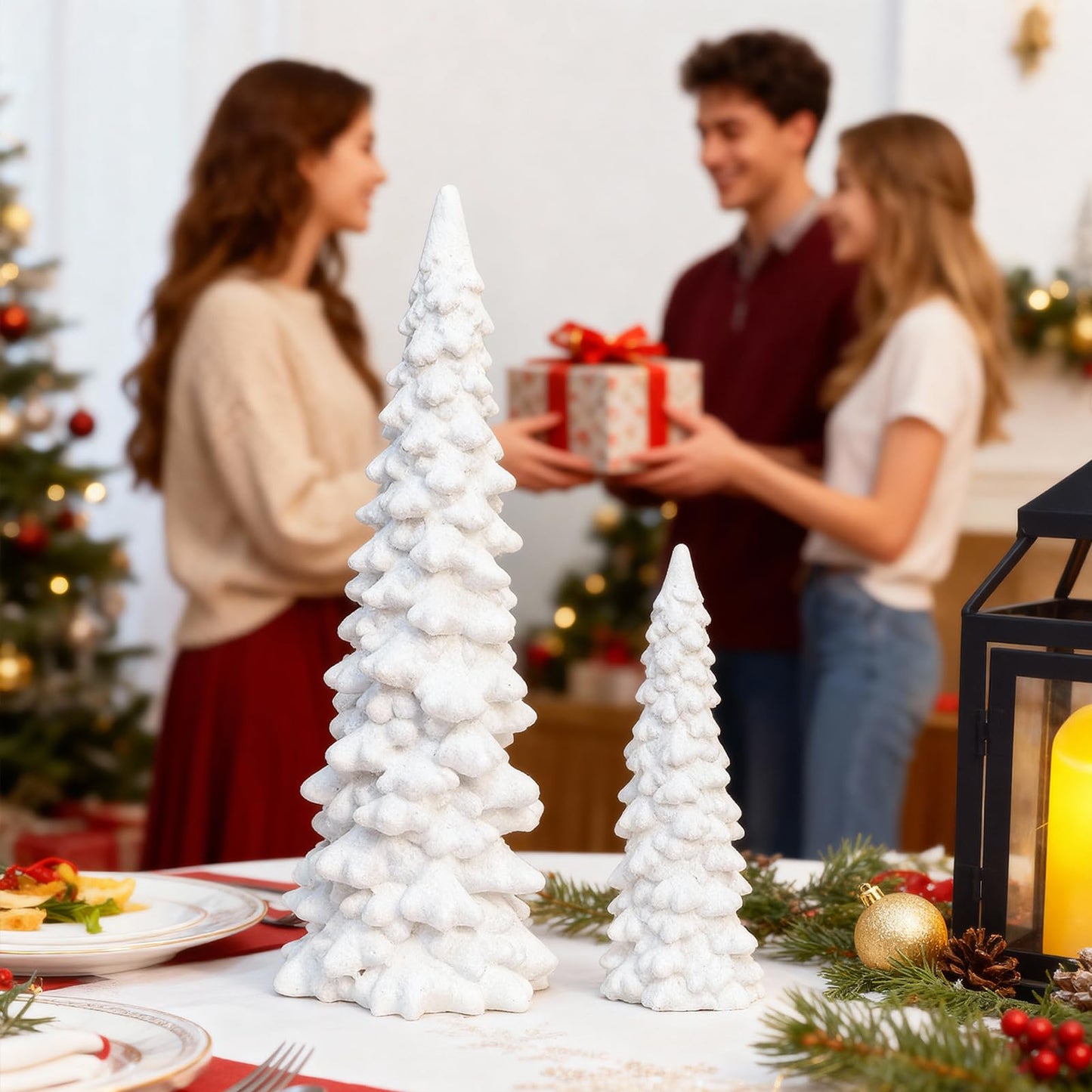 Set of 2 White Glitter Resin Trees,Small Pine Tree Figurines Decorative Christmas Trees Tabletop Centerpieces Decor for Christmas,Xmas,Holiday,9.6'' / 6.1''