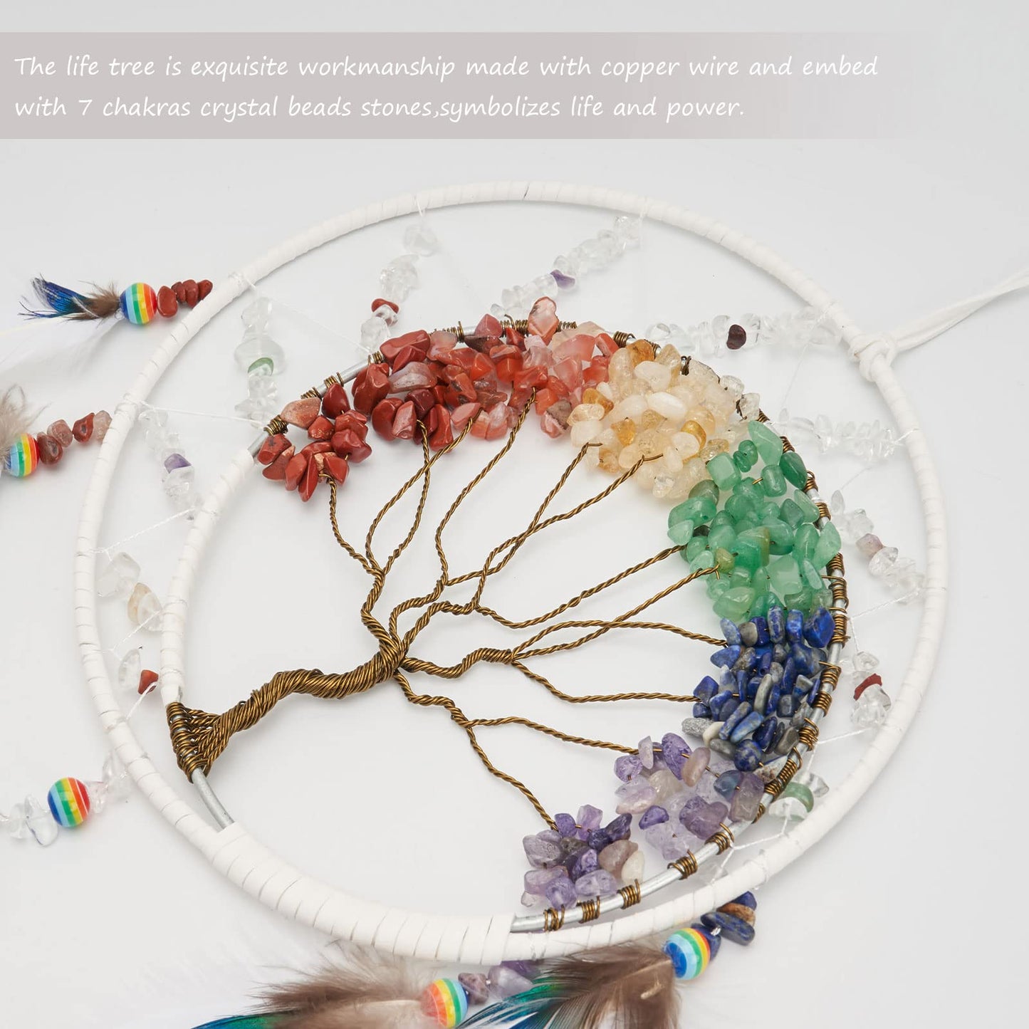 7 Chakras White Tree of Life Dream Catchers Wall Decor with Rainbow Healing Crystal Stone Handmade Art Feather Dreamcatcher Wall Hanging Ornament for Bedroom Decor Blessing Gift Wedding Party-23.6"