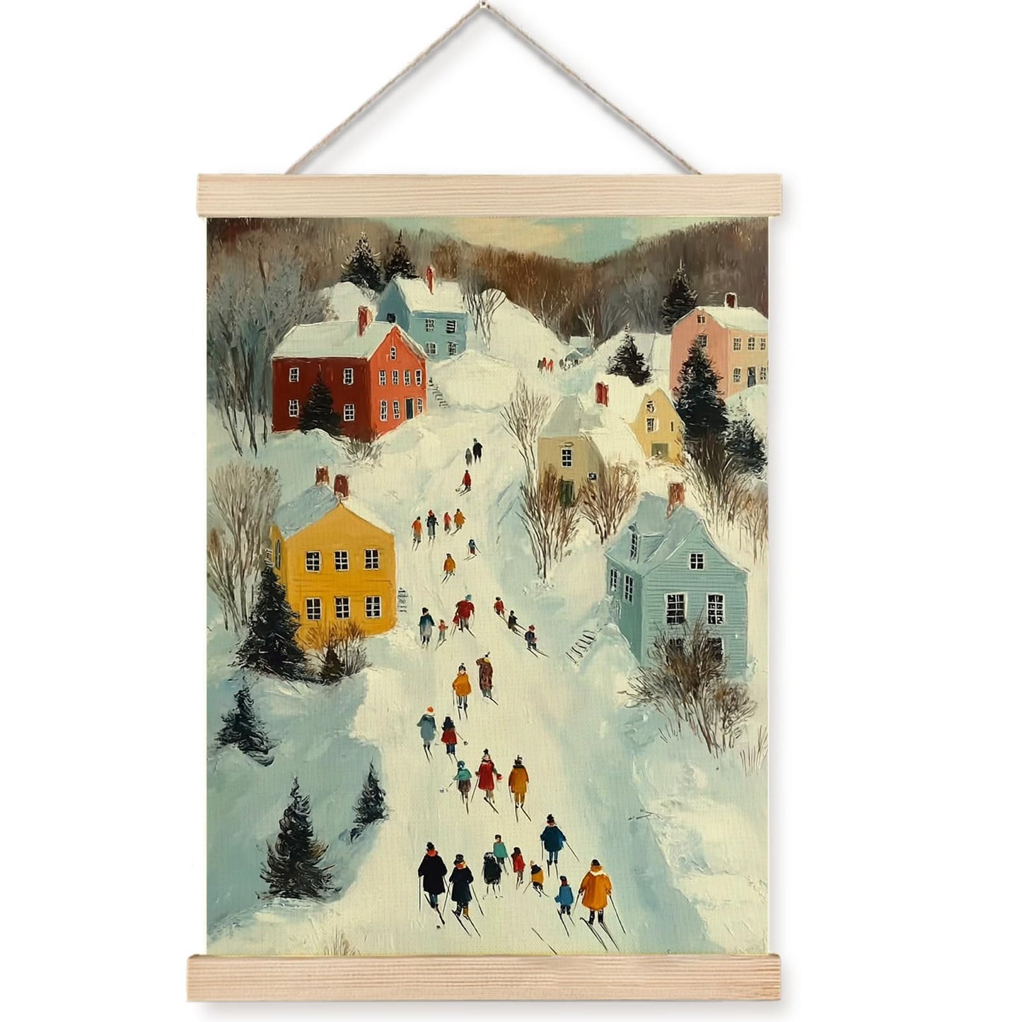 FOPENEM 16x12 Inch Winter Village Scene Wall Art – Snowy Town Canvas Hanging Print with Skating People for Holiday Decor