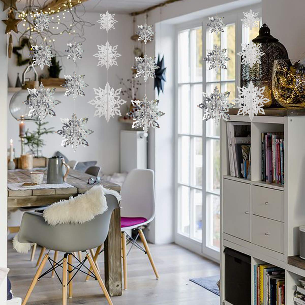 Crafare Christmas 3D Hanging Snowflakes Ornaments 3 Size 18PCS White Silver Snowflakes Hanging Garland for Winter Wonderland Holiday New Year Party Home Decoration
