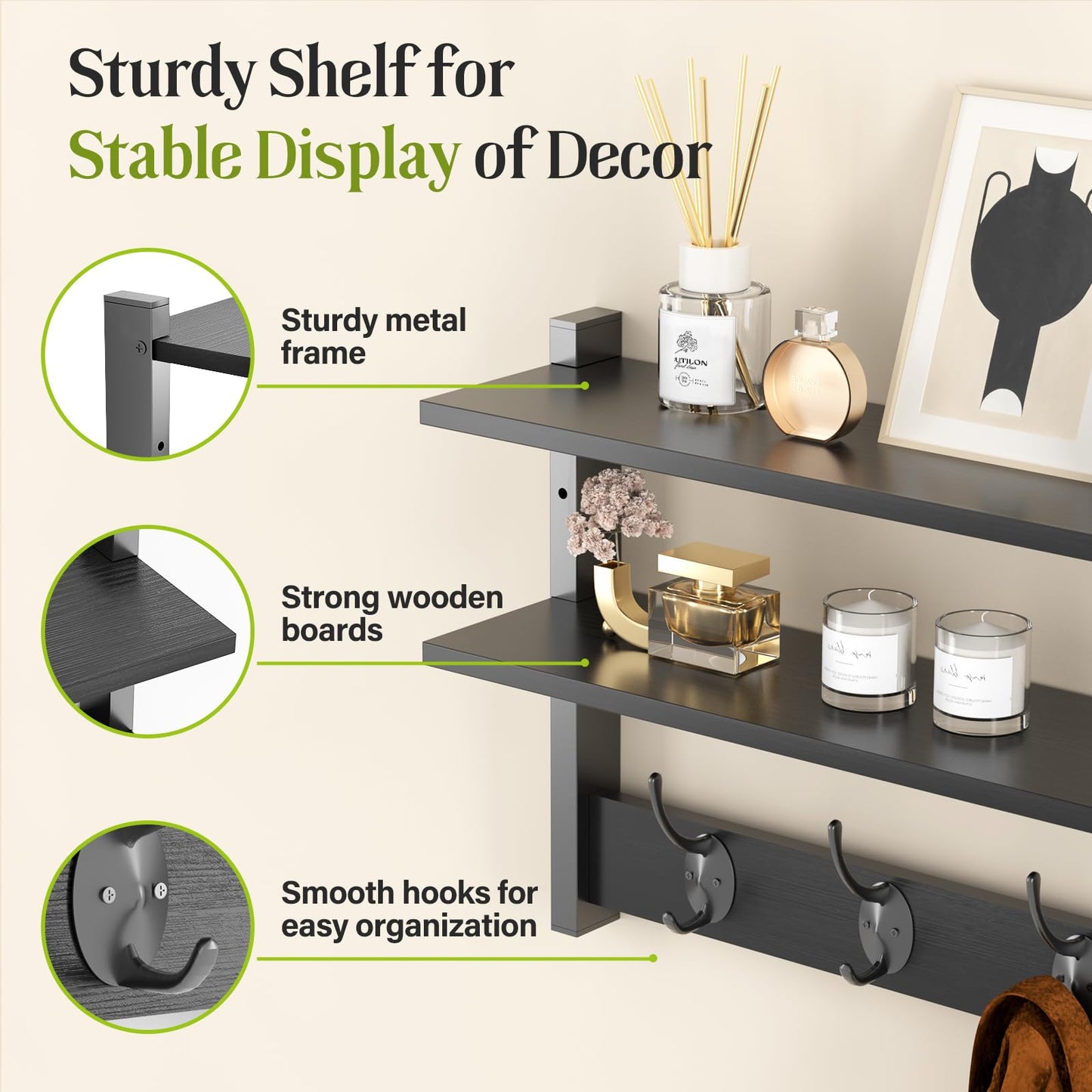 Orapoke Two-Tier Wall Shelf with Hooks, 17" Coat Rack Wall Mount with Shelf, Entryway Key Hooks for Wall with Heavy Duty Double Hooks, Coat Hook Wall Mounted for Bedroom, Living Room, Black