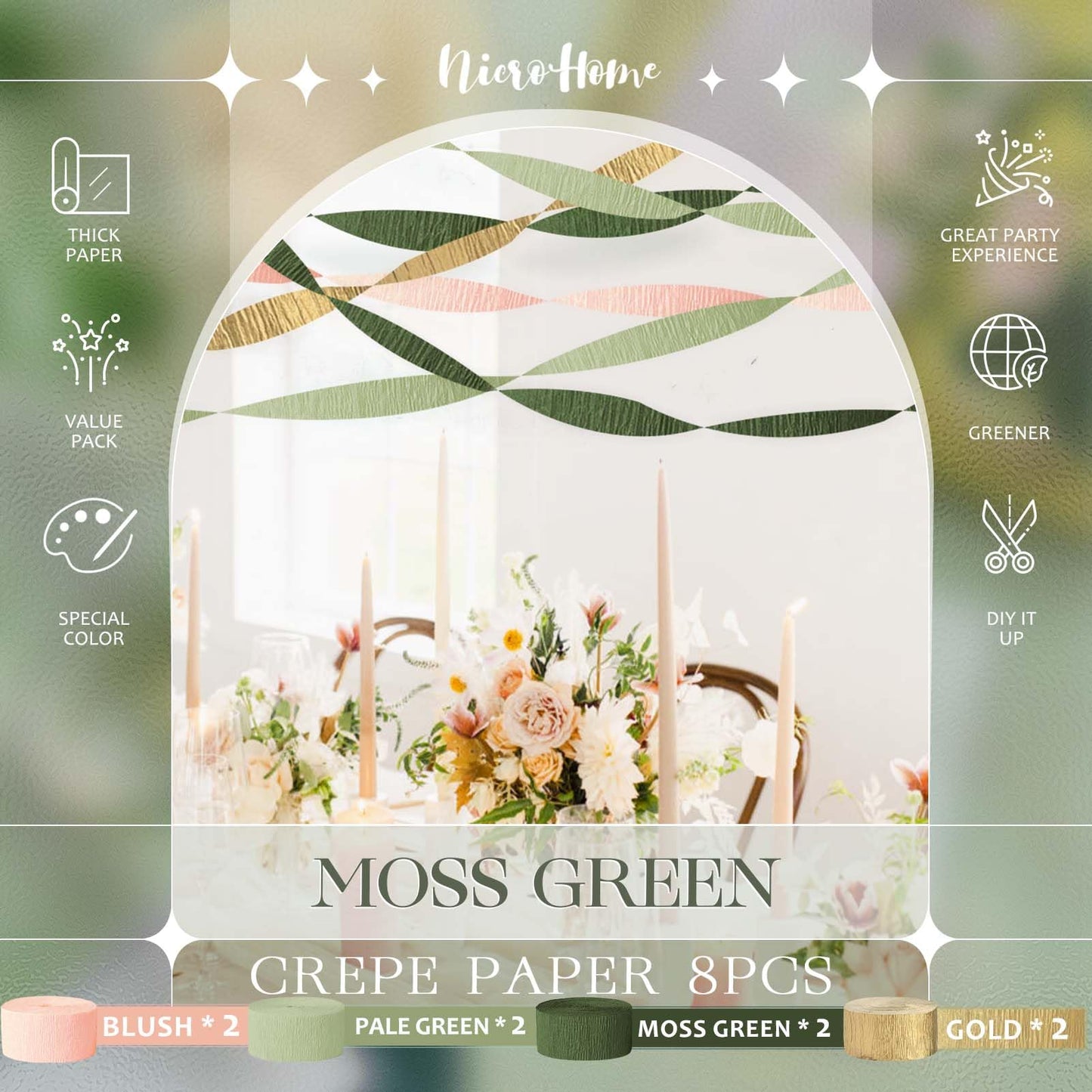 NICROHOME EUR Wedding Party Decorations, 8 Rolls Moss Sage Green Pink Crepe Paper Streamers for Boho Baby Shower, Wedding, Engagement Party, Spring Party, Birthday Party Supplies, 82 ft Long