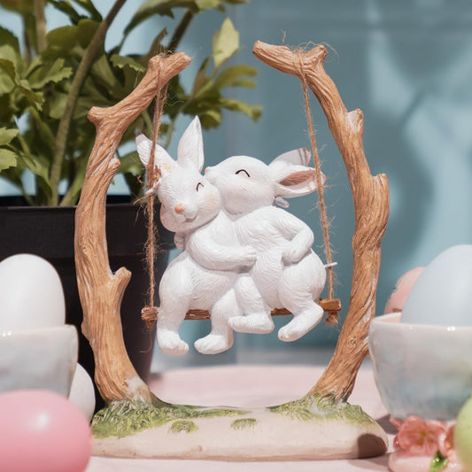 LC LCdecohome Easter Bunny Décor Outdoor Statues - Rabbit Décor Garden Decorations Easter Rabbit Figurine Couple Bunny Figurines Home Resin Rabbit Play on a Swing on The Tree 5L*2.5W*6.5H