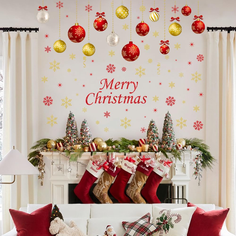IMISHM Christmas Wall Decals - 6 Sheets Removable Decorations, Stickers for Wall, Window, Refrigerator Door - Balls and Ornaments