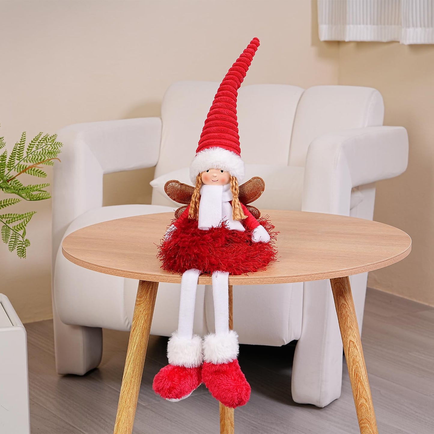 Dedrian11 Christmas Angel Figurine, Plush Shelf Sitter Fairy Doll with Poseable Wired Hat & Arms, White Tabletop/Mantel/Window Decor, Holiday Home Decoration Gift