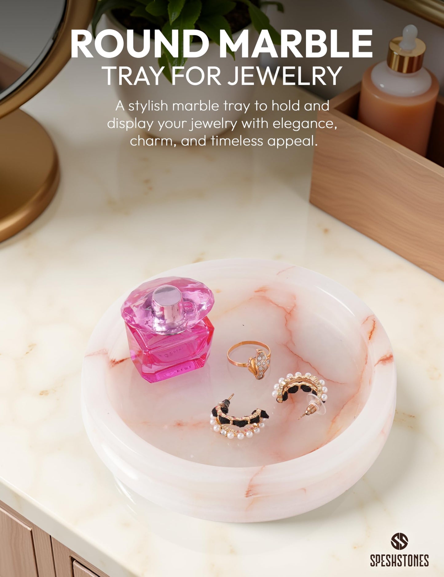 SPESHSTONES Marble Jewelry Dish Ring Holder for Women 5 Inch Round Cream Onyx Stone Tray, Marble Ring Dish, Trinket Dish & Jewelry Tray for Vanity, Nightstand & Bathroom, Engagement Gift Idea for Her