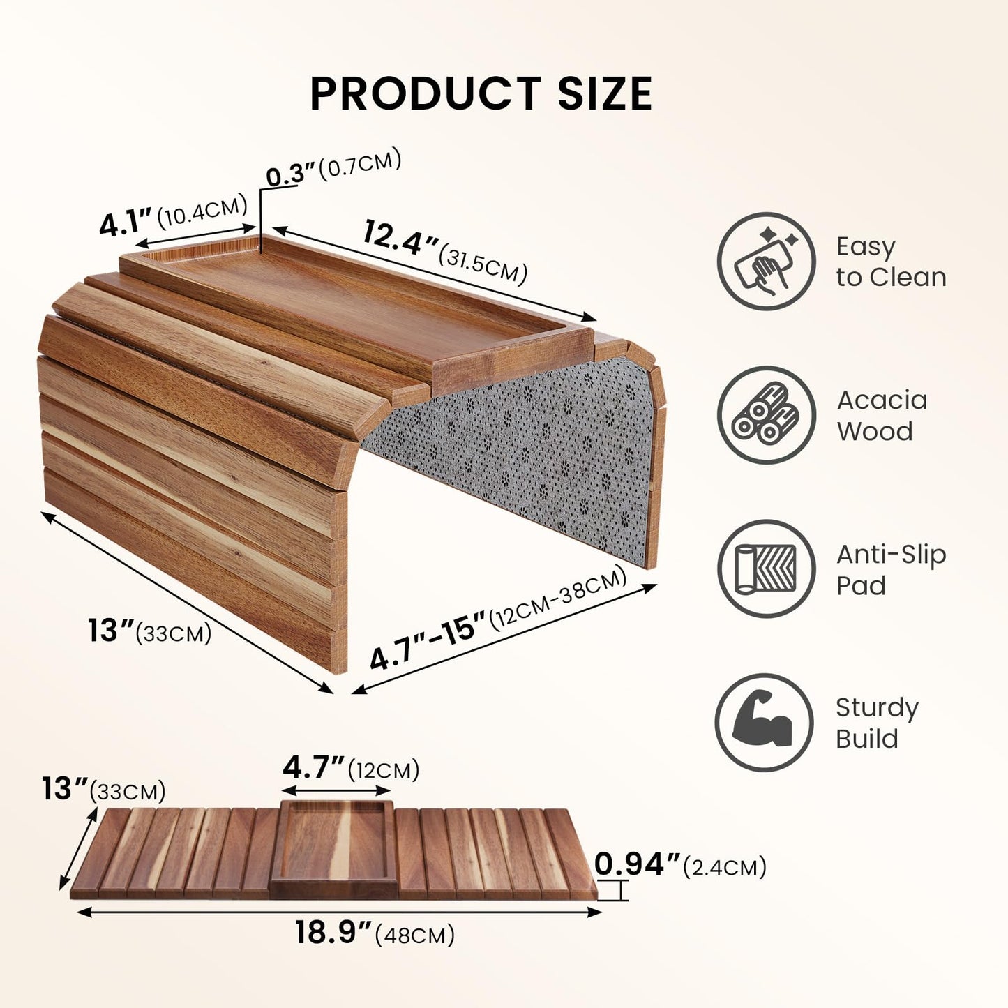 Danfoxer Sofa Arm Tray,Acacia Wood Folding Couch Arm Tray,Sofa Armrest Trays with Anti-Slip Pad for Drinks,Snacks,Phone,Remote Control