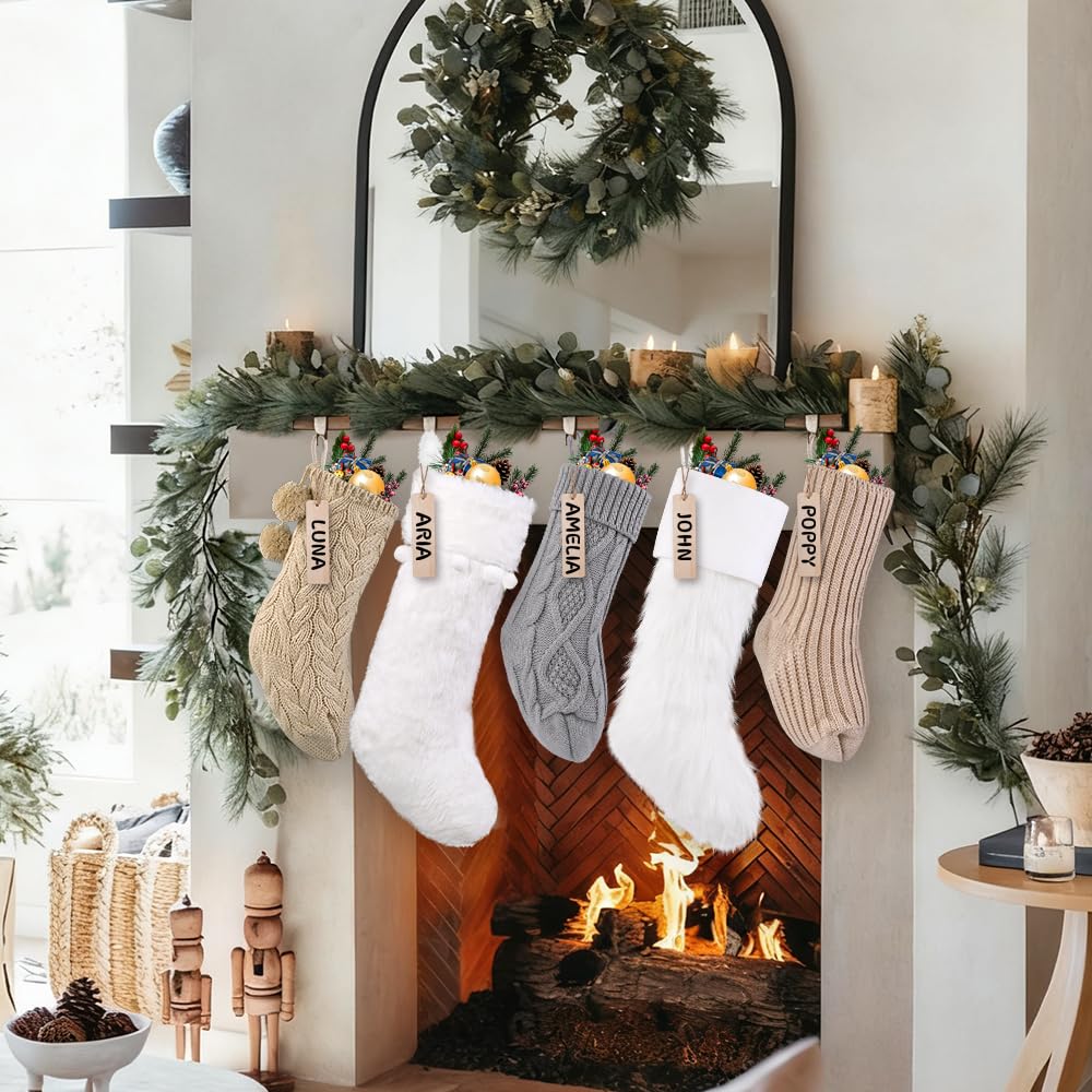 Teeanzo 5 Packs Brown Christmas Knitted Hanging Stockings,Xmas Large Farmhouse Rustic Neutral Cable Knit Personal Stockings Decorations for Christmas Tree Fireplace Family Holiday Party Decor