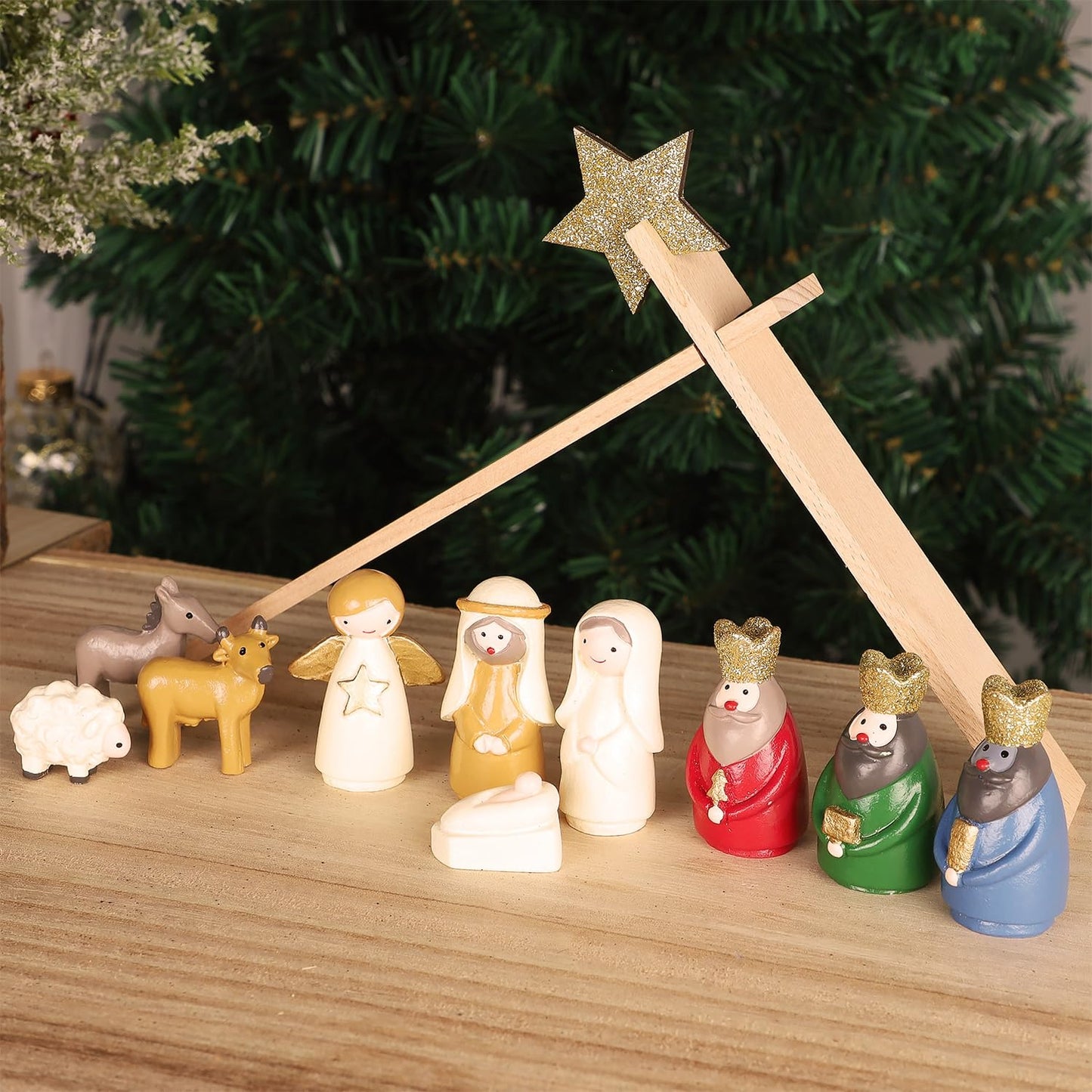 Juegoal Christmas Nativity Sets, Set of 11 Mini Nativity Scene Resin Figurines, Xmas Holy Family Cute Table Ornaments, Religious Holiday Collection Gifts, Baby Jesus Nativity Mantle Shelf Decor