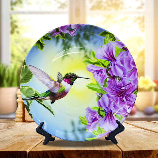 ALALAL 10 inch Bird Hummingbird Pink&Purple Flowers Decorative Plate Decorative Ceramic Plates Home Wobble-Plate with Display Stand Decoration Household Plates Decorative