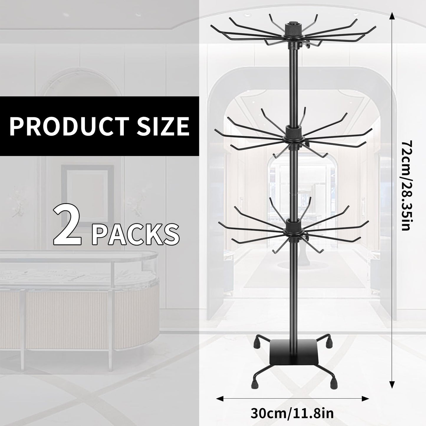 bahforam 2 Pcs 3-Tier Rotating Jewelry Display Stand, 28.35 inch Tall Floor-Standing Metal Rack with 60 Hooks Total (30 per Stand), Adjustable Tiers, Black - Necklaces, Earrings, Keychains