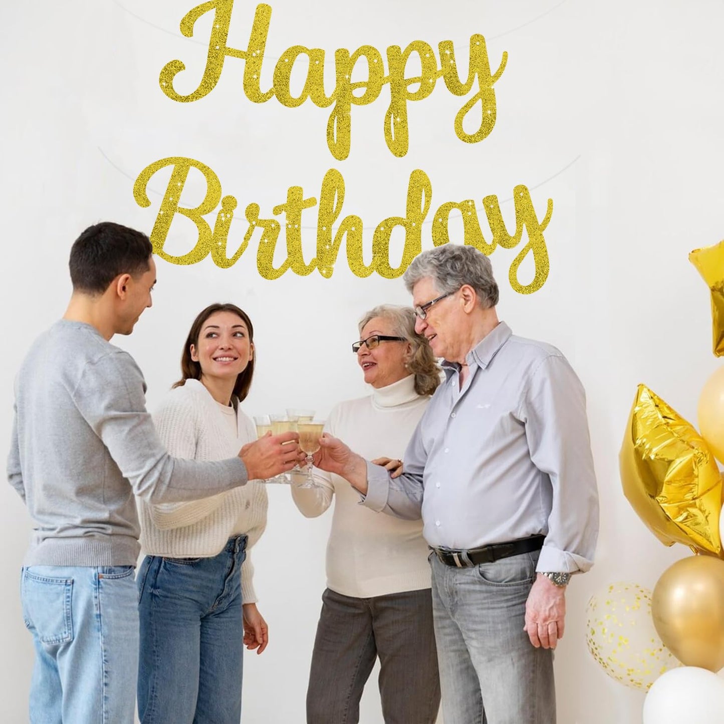 BEISHIDA Happy Birthday Banner - NO DIY,Gold 10Feet Pre-Strung-Glitter Birthday Sign Garland Backdrop Decorations for Women men Party