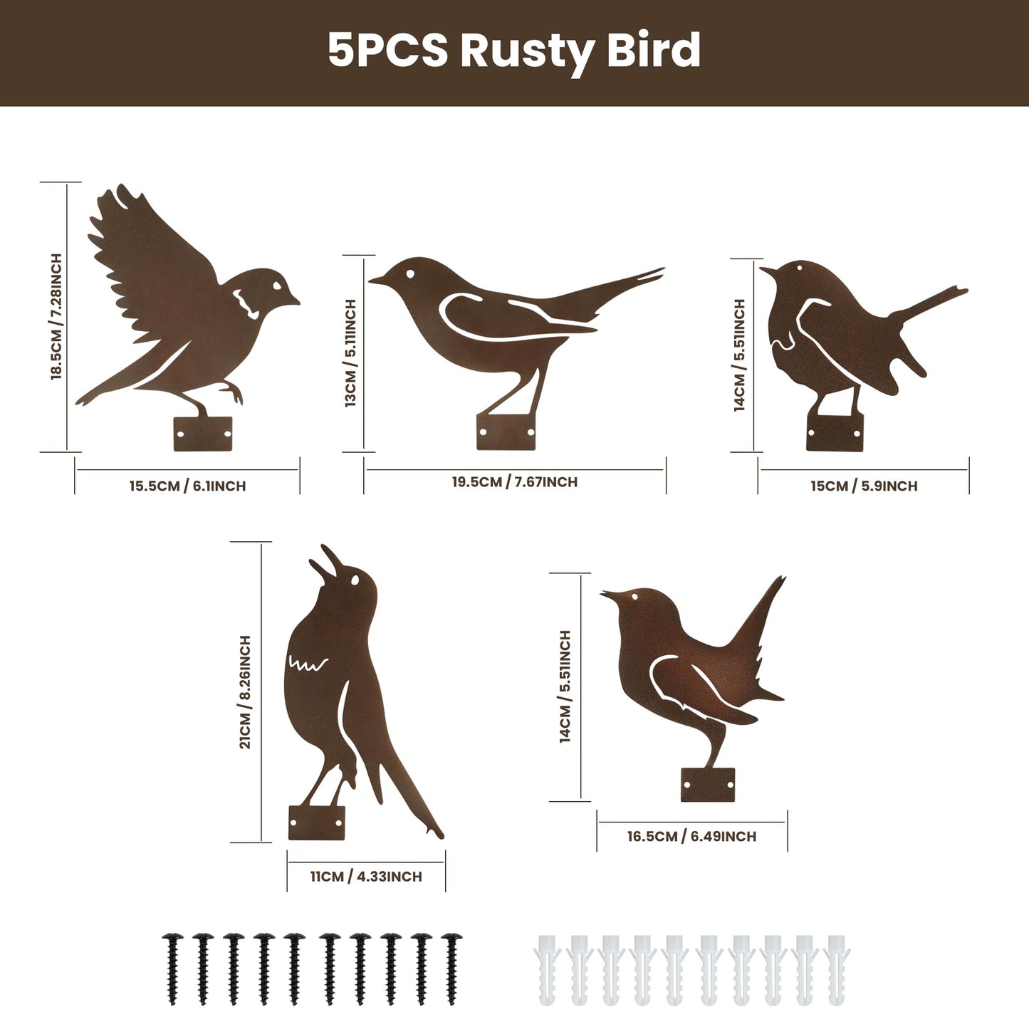 MIRATE 5PCS Rusty Metal Birds Decoration,Outdoor Fence Yard Decor,Metal Birds Craft Statue Ornaments for Yard Art,Garden Decor