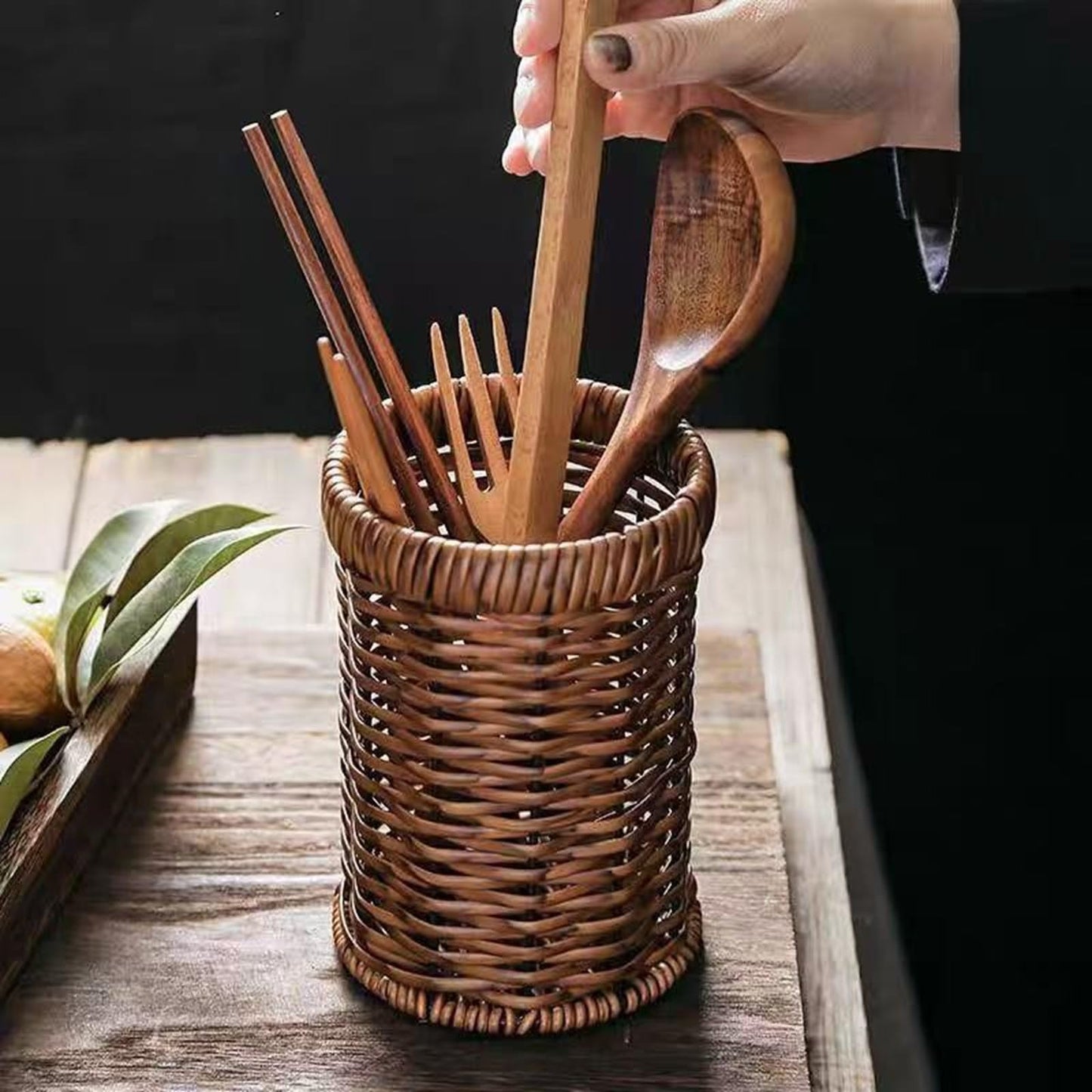 Awbdzl Utensil Holder Spoon Kitchen Counter Decor Wooden/Wicker Utensil Caddy6.1 L x 4" W x 4" H Farmhouse Kitchen Decor