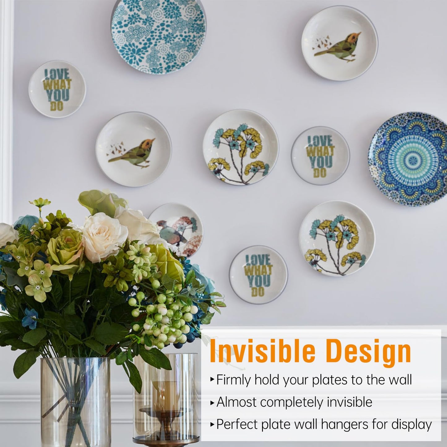 Bilillo 9-Piece Stainless Steel Wall Plate Hangers, 10/12/14 Inch Invisible Decorative Wire Plate Holders with 9 Pieces Wall Hooks for 8 to 16 Inch (Silver)