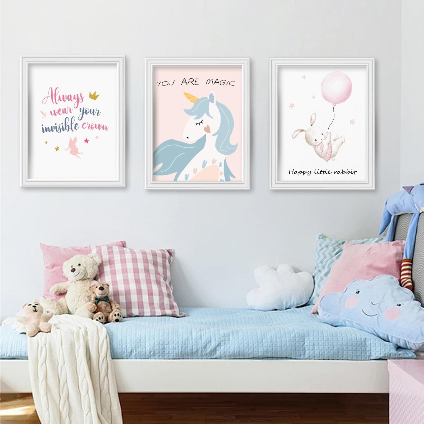 JJY 9 Pcs Cartoon Castle Wall Art Decor for Girls Room -Inspirational Rainbow Wall Art Prints -Whimsical Rabbit & Hot Air Balloon Wall Decor Posters Aesthetic for Kids Room Lovely Gift (Unframed)